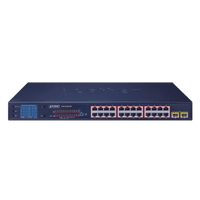 Switch PoE de 24 Puertos Gigabit 802.3af/at con Modo Extendido 250 m, 2 Puertos SFP 1000SX , Pantalla LCD para Configuración Básica, Hasta 300 W para PoE