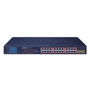 Switch PoE de 24 Puertos Gigabit 802.3af/at con Modo Extendido 250 m, 2 Puertos SFP 1000SX , Pantalla LCD para Configuración Básica, Hasta 300 W para PoE