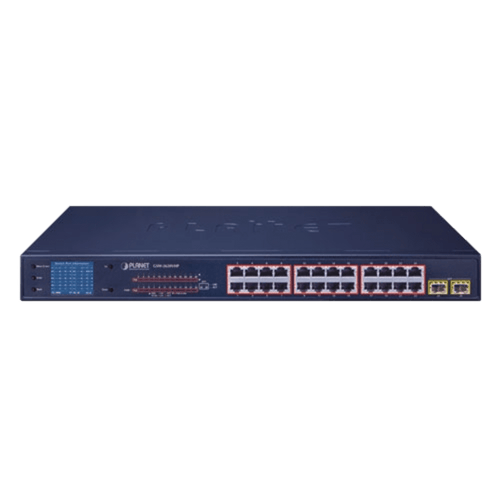 Switch PoE de 24 Puertos Gigabit 802.3af/at con Modo Extendido 250 m, 2 Puertos SFP 1000SX , Pantalla LCD para Configuración Básica, Hasta 300 W para PoE