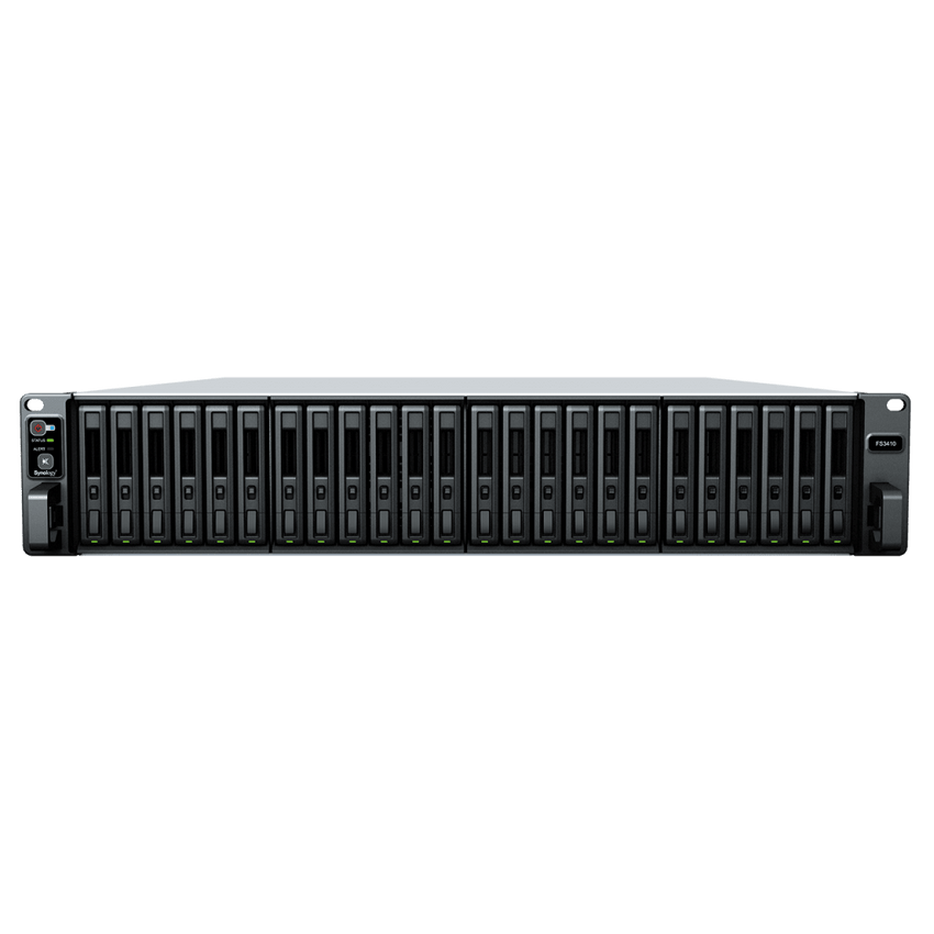 Servidor de Almacenamiento FlashStation FS3410 | 24 Bahías SSD SATA 2.5" | Intel Xeon D-1541 8 Núcleos | 16 GB RAM (Ampliable a 128 GB) | 356,500 IOPS Lectura | 129,400 IOPS Escritura | 4 Puertos 1GbE + 2 Puertos 10GbE