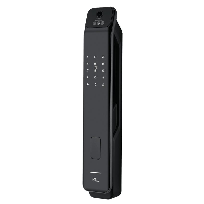 Cerradura Inteligente / Reconocimiento de Venas de la Palma / Reconocimiento Facial / Huella Dactilar / Video Intercom Bidireccional / Wi-Fi 2.4 GHz / App NGTeco Home / Auto Apertura y Cierre / Timbre Integrado / Aluminio / Puerta 45-60 mm (1.77-2.36 in)