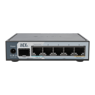 Router hEX S / 5 Puertos Gigabit Ethernet / 1 Puerto SFP 2.5G / Dual-Core ARM / 512 MB RAM / RouterOS V7 / PoE-In y PoE-Out / Montaje en Pared