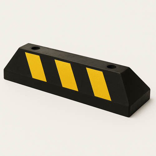 Tope D/ Estacionamiento Vehicular / Hule Reciclado / 55cm / Color Negro con Franjas Amarillas / Resistente y Antideslizante.