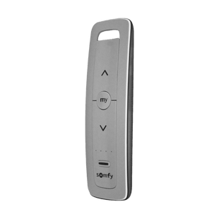 Control remoto 5 canales para motores de persiana Somfy con señal inalámbrica, instrucciones: sube, baja y detener, con posición favorita programada.