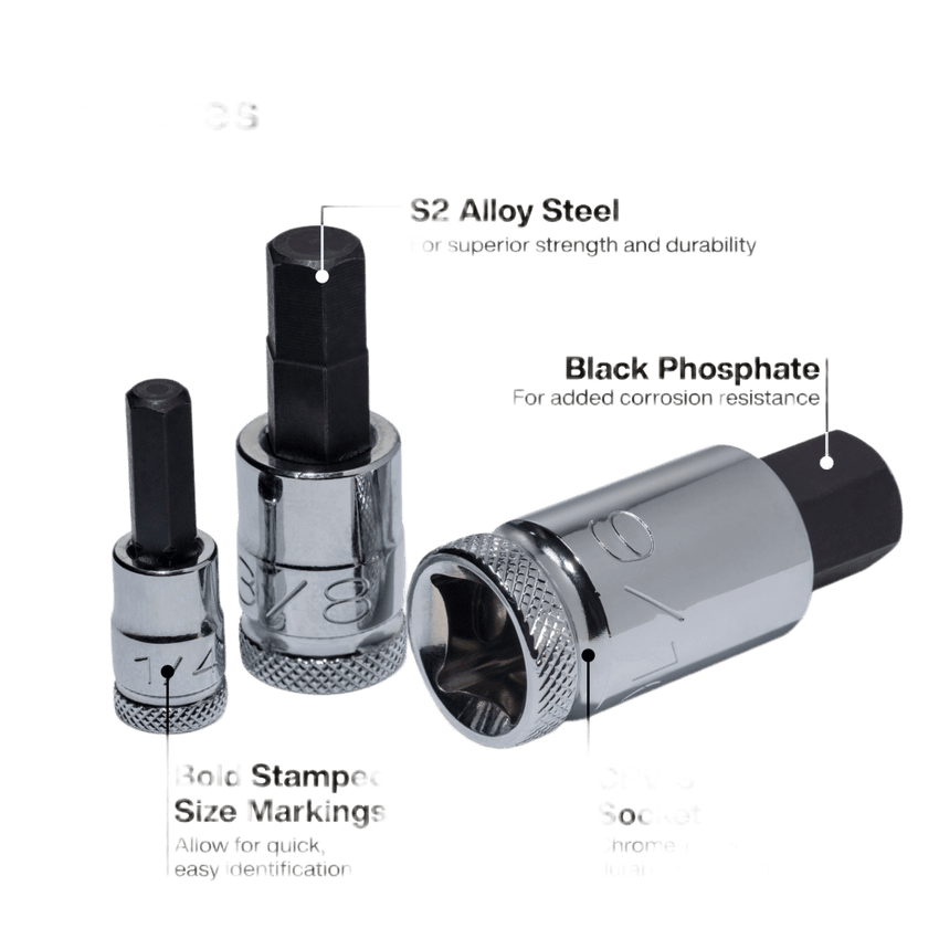 Juego de Dados Moleteados / SAE-Métrico-Hex-Torx® / 13 Piezas por Set / Acabado Moleteado para Mejor Agarre / Marcado en Relieve / Incluye Llaves Cuadradas