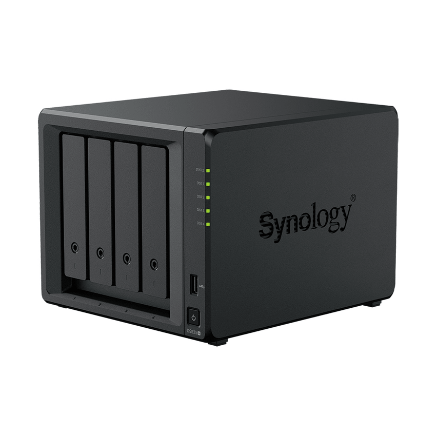 NAS DiskStation DS925+ | 4 Bahías | Expandible a 9 Bahías | 2 Puertos 2.5GbE | 2 Ranuras M.2 NVMe | AMD Ryzen V1500B | 4 GB DDR4 ECC | Hasta 565 MB/s Escritura Secuencial | Compatible con RAID | Synology DSM.