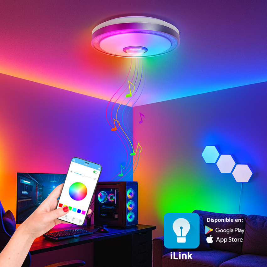 Luminario LED de 40W / 3000 Lúmenes / Ø 490mm x 66mm / Voltaje 85-265V / Temperatura Fría 6500K / Conexión Bluetooth / App iLink.