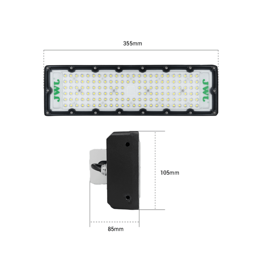 Reflector LED 100 W /350 x 100 mm / 85 - 265 Vca~ 50/60Hz / TCC 6 500 K / Uso en exterior.