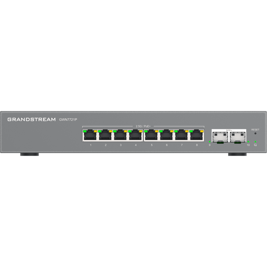 Switch L2 Lite Administrable de 10 Puertos / 8 Puertos Ethernet 2.5 Gigabits / 2 Puertos SFP+ 10 Gigabits / PoE+ 802.3af/at / VLAN 802.1Q / QoS / IGMP Snooping / Montaje en Escritorio o Pared