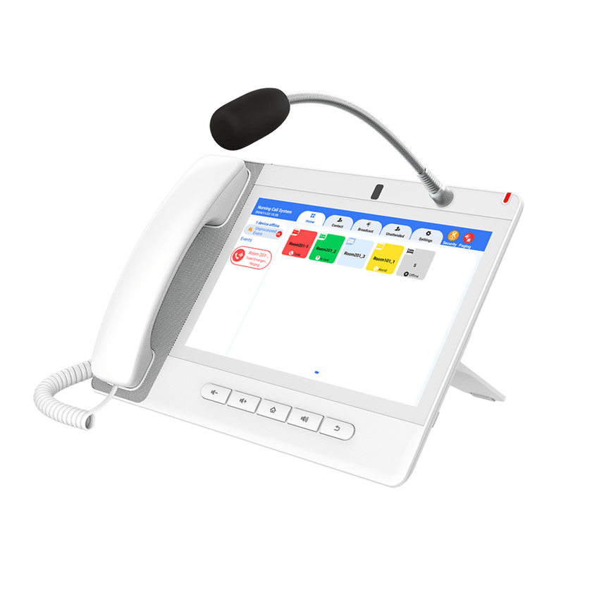 Teléfono IP Color Blanco Android 9.0 Empresarial para voceo 20 líneas SIP, pantalla táctil, Wi-Fi y Bluetooth, PoE, Voceo/ Musica por Multicast, puertos Gigabit, Sofware de Enfermeria