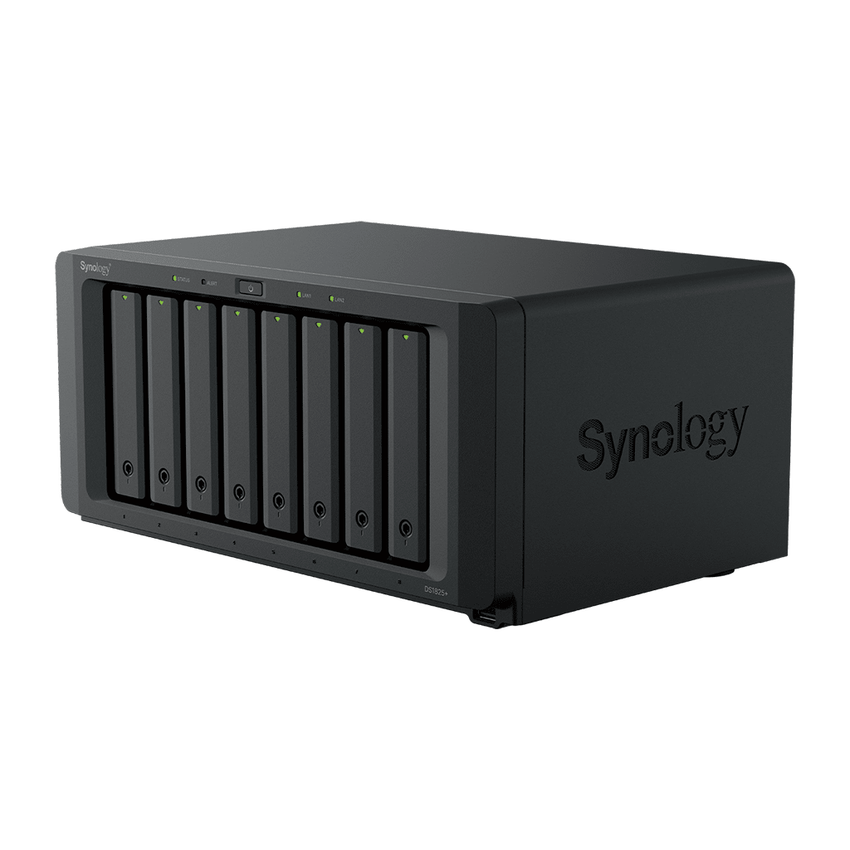 NAS DiskStation DS1825+ | 8 Bahías | AMD Ryzen V1500B | 8 GB DDR4 ECC | Hasta 2,239 MB/s Lectura | 2 Puertos 2.5GbE | Expansión PCIe 3.0 | Compatible con 10GbE y 25GbE | Caché SSD M.2 | Synology DSM.