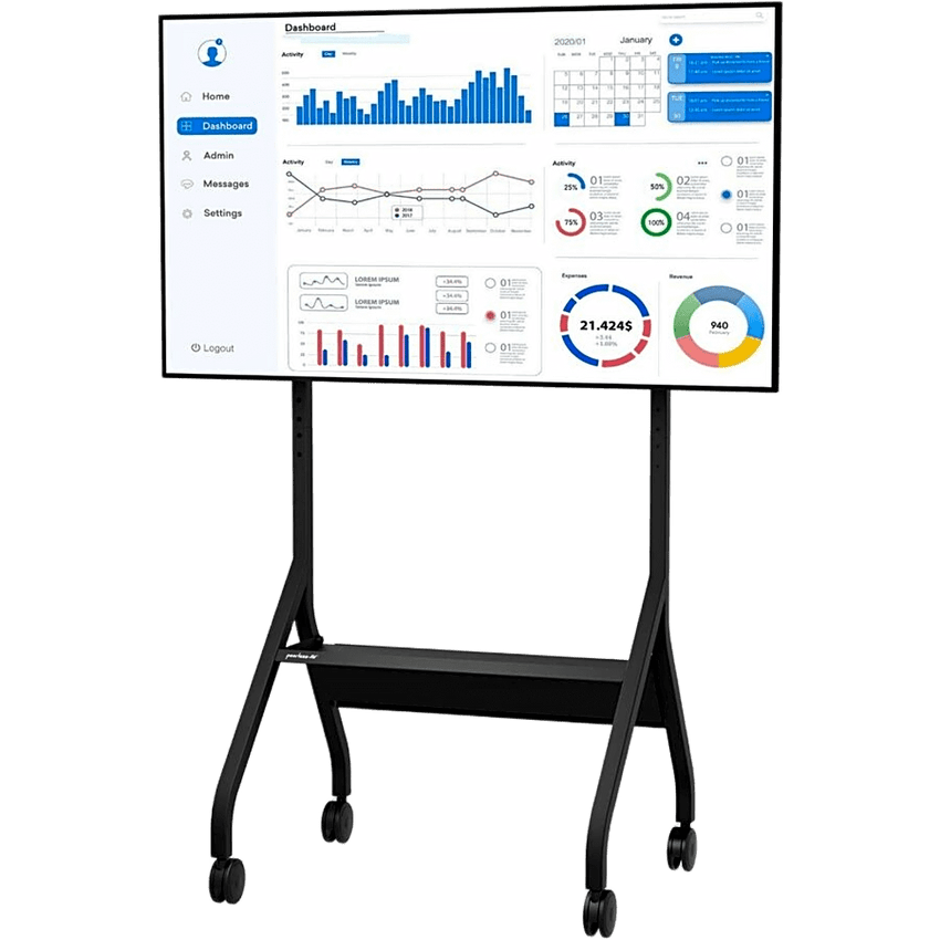 Carro Móvil para Pantalla Plana / 43" a 75"+ Displays / Altura Ajustable 49.8"-65.8" (126.5-167.1 cm) / Capacidad 150 lb (68 kg) / 4 Ruedas Dobles 4" (102 mm) / Gestión de Cableado Interno / Estructura Tubular / Incl