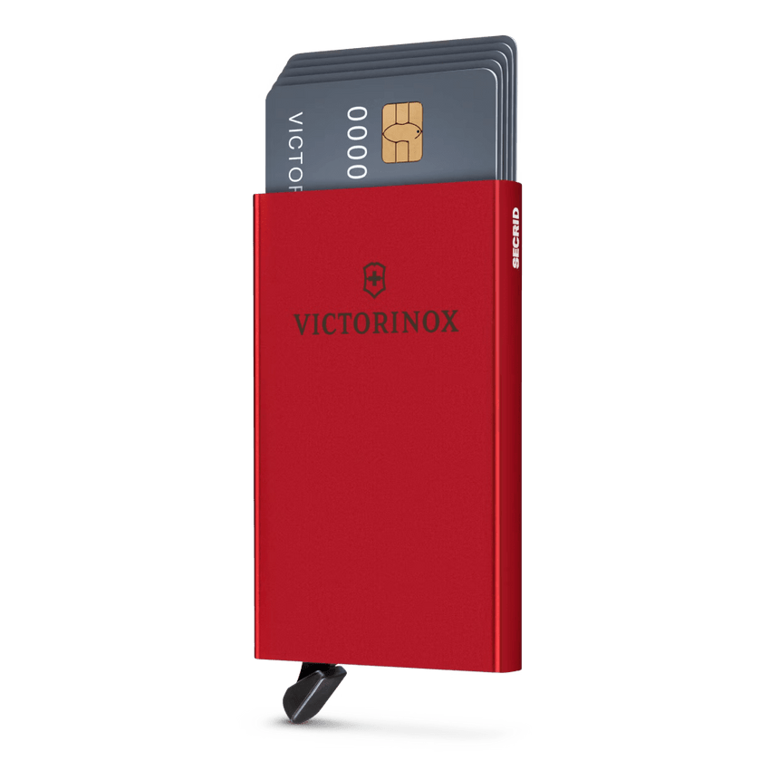 Tarjetero / Almacenamiento Seguro 4-6 Tarjetas / Aluminio Duradero / Protección RFID / Sistema Deslizamiento Patentado / Color Rojo.