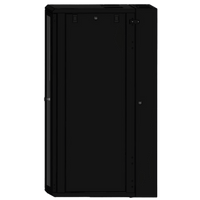 Gabinete Rackeable 24 UR / 19 Pulgadas / Puerta de Cristal / Acero Calibres 18 y 22 / Montaje en Pared / Capacidad de Carga 80 Kg / Pintura Electroestática Negra / Abatible 120° / Laterales Removibles