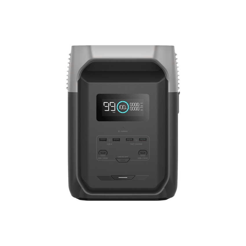 Estación de Energía Portátil Delta 3 1536Wh Litio LFP / 6 AC 1800 W (Max. 3600W) / 2 USB-C 100W / Capacidad para Aumentar Respaldo / Cargador de Coche 10A a 12.6V / Conectividad WiFi y Bluetooth (App) / Carga Solar 500W Max.