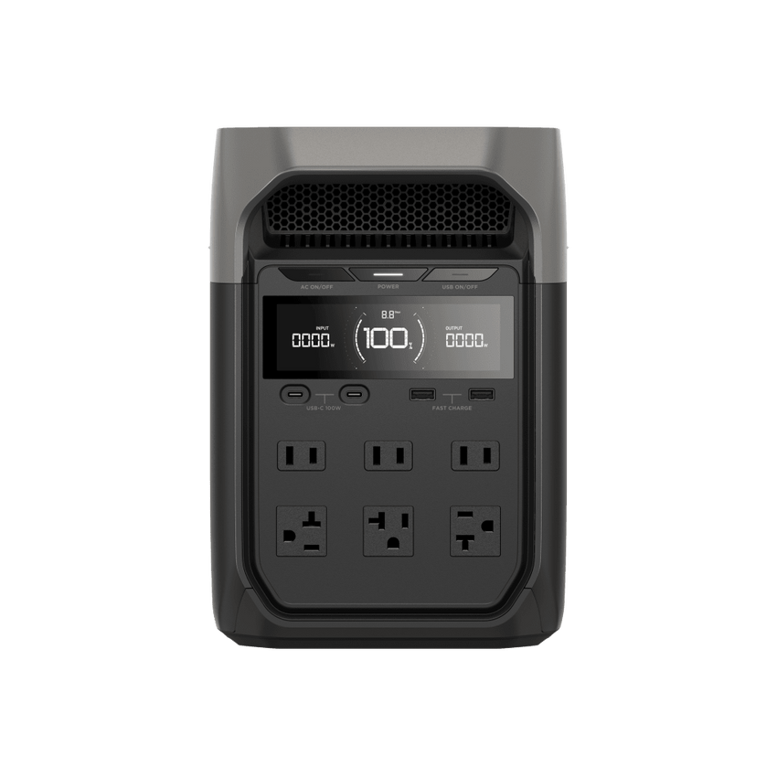 Estación de Energía Portátil Delta 3 1024Wh Litio LFP / 6 AC 1800 W (Max. 2200W) / 2 USB-C 100W / Capacidad para Aumentar Respaldo / Cargador de Coche 10A a 12.6V / Conectividad WiFi y Bluetooth (App) / Carga Solar 500W Max.