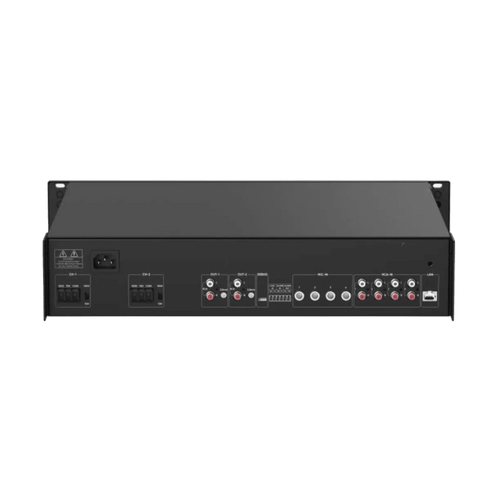 Amplificador de audio | 2 zonas de 250W  | 100V/70V | Calendarización de eventos | Biblioteca de Materiales de Audio | Entrada de Alarma | Hik-connect /Hikcentral profesional