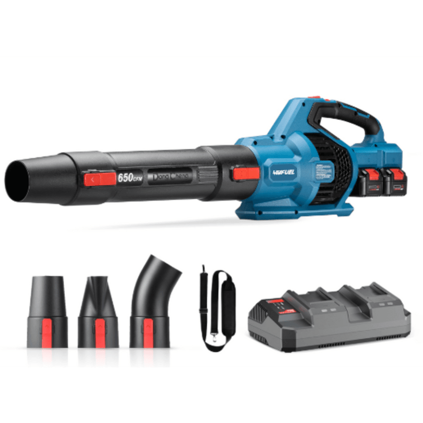Sopladora Inalámbrica de 20V+20V, Incluye 2 baterías de 20V/6.0Ah, Cargado doble y 3 Boquillas.