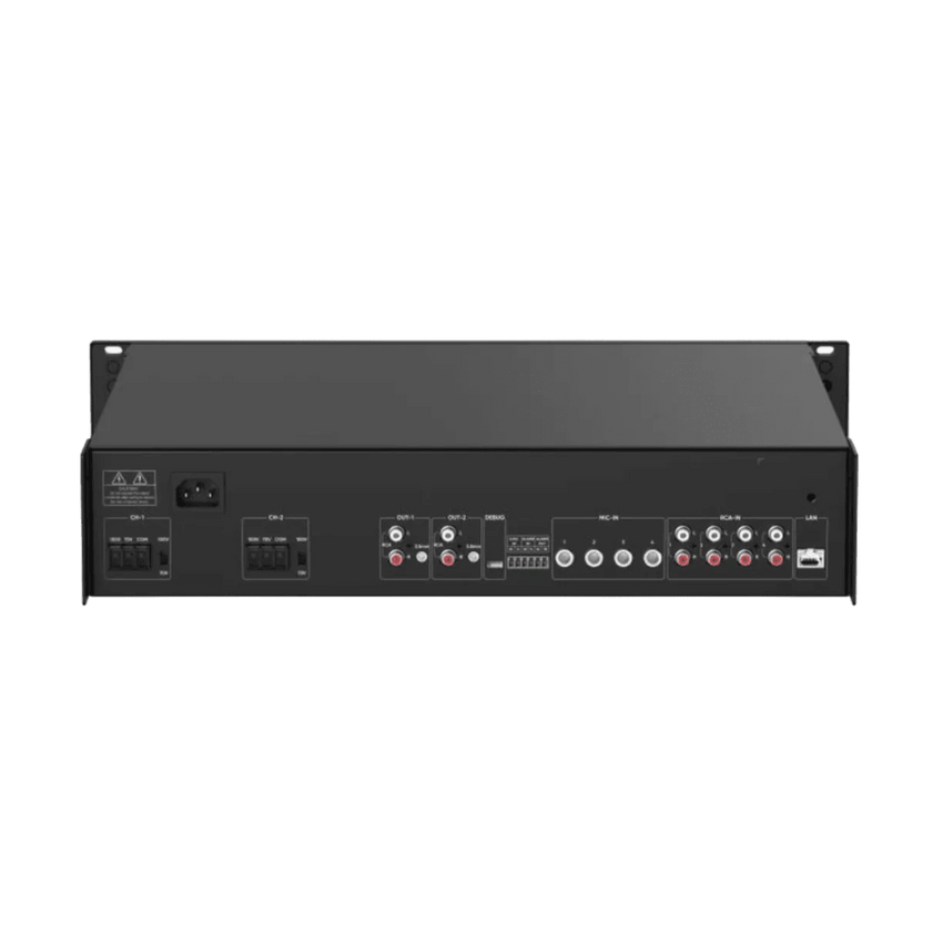 Amplificador de audio | 2 zonas de 250W  | 100V/70V | Calendarización de eventos | Biblioteca de Materiales de Audio | Entrada de Alarma | Hik-connect /Hikcentral profesional