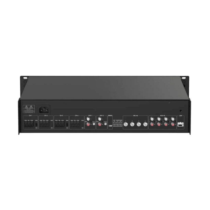 Amplificador de Red |  4 Zonas de 250W | 100V/70v | Calendarización de eventos | Biblioteca de Materiales de Audio | Entrada de Alarma | Hik-Connect /Hikcentral profesional