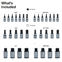 Juego de Dados Moleteados / SAE-Métrico-Hex-Torx® / 13 Piezas por Set / Acabado Moleteado para Mejor Agarre / Marcado en Relieve / Incluye Llaves Cuadradas