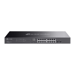 Switch Smart Omada 18 Puertos Gigabit / 16 Puertos PoE+ 802.3af/at / 2 Ranuras SFP Gigabit / Presupuesto PoE 150 W / Switching 36 Gbps / Enrutamiento Estático L2+ / Gestión Cloud SDN / Fanless / Montable en Rack