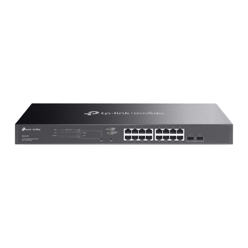 Switch Smart Omada 18 Puertos Gigabit / 16 Puertos PoE+ 802.3af/at / 2 Ranuras SFP Gigabit / Presupuesto PoE 150 W / Switching 36 Gbps / Enrutamiento Estático L2+ / Gestión Cloud SDN / Fanless / Montable en Rack