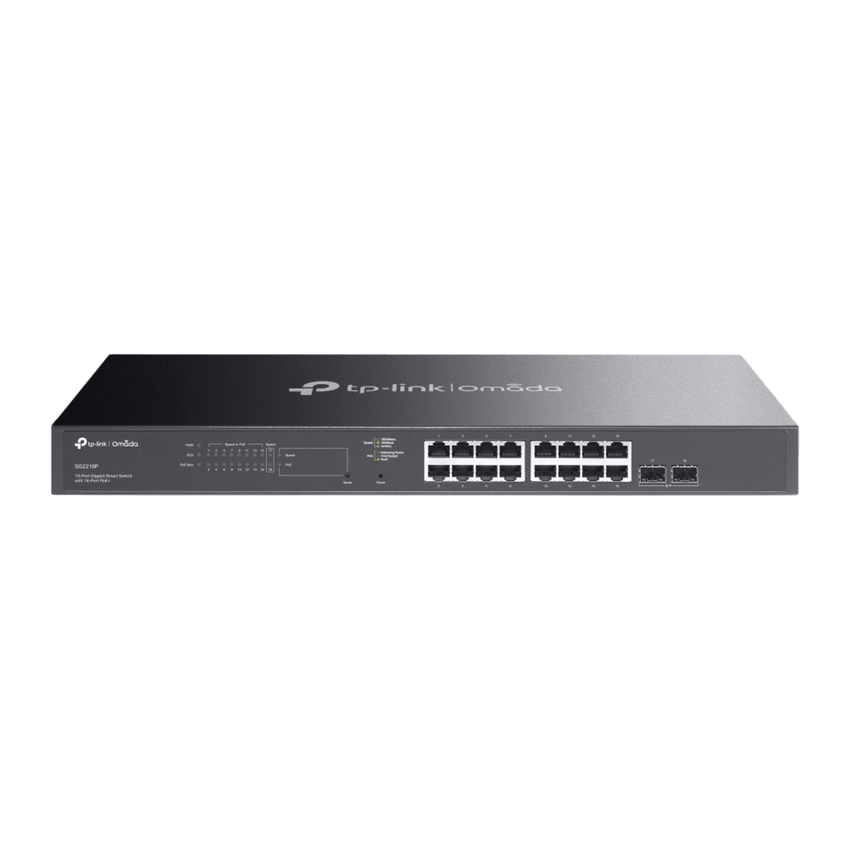 Switch Smart Omada 18 Puertos Gigabit / 16 Puertos PoE+ 802.3af/at / 2 Ranuras SFP Gigabit / Presupuesto PoE 150 W / Switching 36 Gbps / Enrutamiento Estático L2+ / Gestión Cloud SDN / Fanless / Montable en Rack