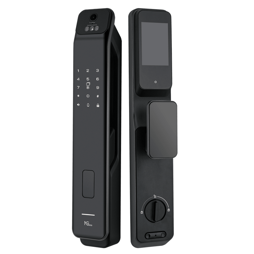 Cerradura Inteligente / Reconocimiento de Venas de la Palma / Reconocimiento Facial / Huella Dactilar / Video Intercom Bidireccional / Wi-Fi 2.4 GHz / App NGTeco Home / Auto Apertura y Cierre / Timbre Integrado / Aluminio / Puerta 45-60 mm (1.77-2.36 in)