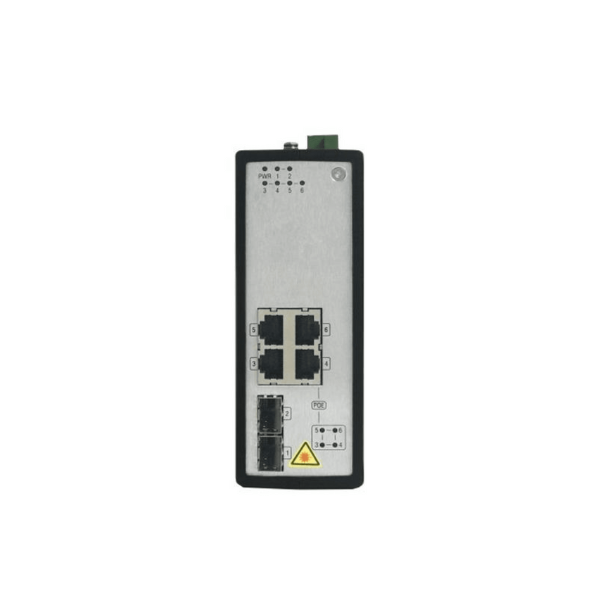 Switch Industrial No Gestionado PoE Gigabit / 4 Puertos RJ45 + 2 Puertos SFP Fibra / 120W PoE Budget / 30W por Puerto / -40°C a 75°C / Metal IP30 / Dual Power Input