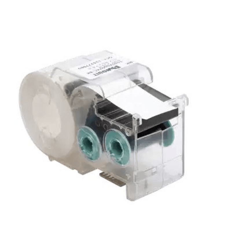 Casete de etiquetas de poliolefina, cinta continua, color negro sobre blanco, 9.65 mm x 7.6 metros