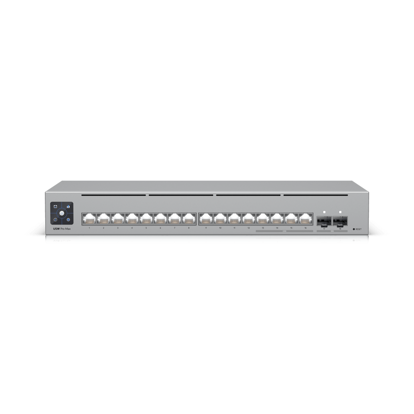 UniFi Switch Pro Max 16 con funciones Capa 3, 16 puertos EtherLight RGB / (4) puertos 2.5 GbE y (12) puertos GbE /(2) puertos SFP+ 10G /con pantalla táctil informativa