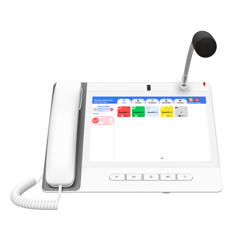 Teléfono IP Color Blanco Android 9.0 Empresarial para voceo 20 líneas SIP, pantalla táctil, Wi-Fi y Bluetooth, PoE, Voceo/ Musica por Multicast, puertos Gigabit, Sofware de Enfermeria