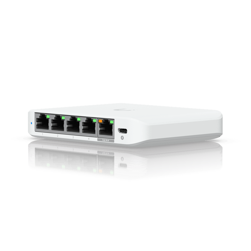USW Flex Mini 2.5G Switch de 5 puertos 2.5G, Compacto, para Escritorio, se puede Energizar por PoE o con un Adaptador tipo USB-C