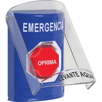 Botón Multipropósito, Color Azul, De Superficie, Con Tapa De Policarbonato, Sin Bocina Pre Alarma, Solo Interior, Llave Para Restablecer, Texto De Emergencia, Español