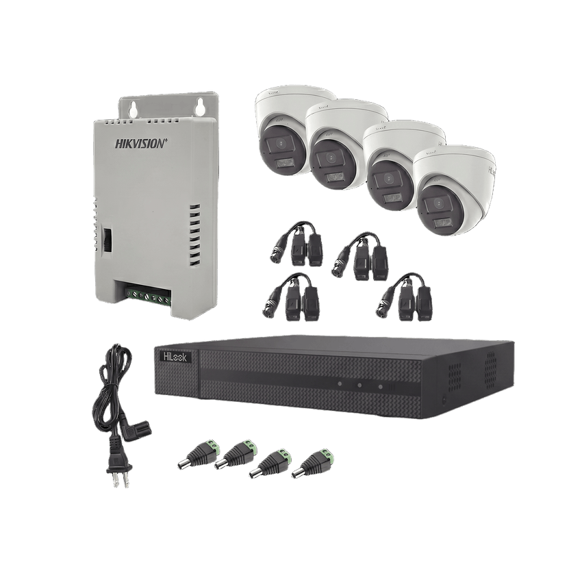 Kit HiLook Audio Bidireccional TurboHD 1080p / DVR Metalico 4 Canales / 4 Cámaras Eyeball (Exterior) con Bocina y Microfóno Integrado / 1 Fuente de Poder / Accesorios