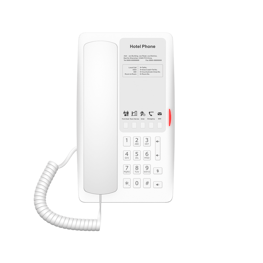 Teléfono IP para Hotelería, Puerto USB-A para Carga, 5 Teclas Programables para Servicio Rápido (Hotline), Plantilla Personalizable con PoE