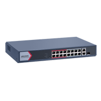 Switch PoE+ / Monitoreable / 16 Puertos 10/100 Mbps PoE+ / 2 Puertos 1000 Mbps Uplink / 1 Puerto SFP Uplink / Modo Extendido hasta 300 Metros / 130 W