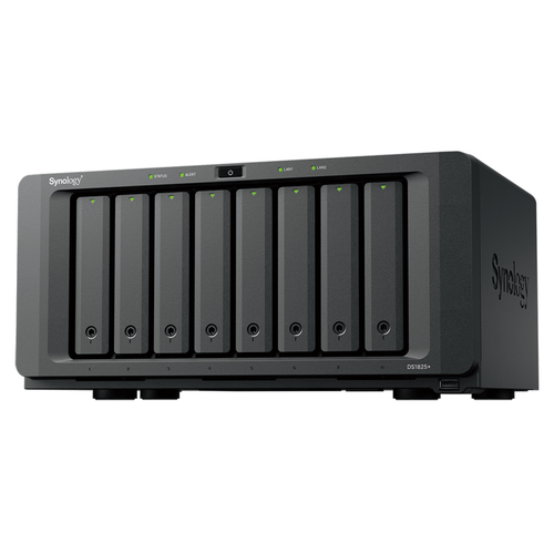 NAS DiskStation DS1825+ | 8 Bahías | AMD Ryzen V1500B | 8 GB DDR4 ECC | Hasta 2,239 MB/s Lectura | 2 Puertos 2.5GbE | Expansión PCIe 3.0 | Compatible con 10GbE y 25GbE | Caché SSD M.2 | Synology DSM.