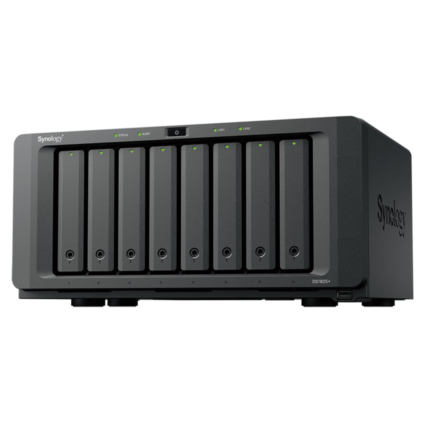 NAS DiskStation DS1825+ | 8 Bahías | AMD Ryzen V1500B | 8 GB DDR4 ECC | Hasta 2,239 MB/s Lectura | 2 Puertos 2.5GbE | Expansión PCIe 3.0 | Compatible con 10GbE y 25GbE | Caché SSD M.2 | Synology DSM.
