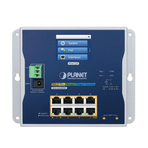 Switch Industrial Flat-Type 8 Puertos Gigabit C/PoE 802.3at, 2 Puertos SFP, LCD