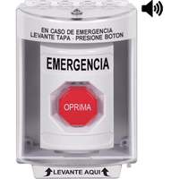 ?Botón Multipropósito, Color Blanco, De Superficie con Espaciador, C/Tapa De Policarbonato, C/Bocina Pre Alarma, Interior/Exterior, Llave Para Restablecer, Texto De Emergencia, Español