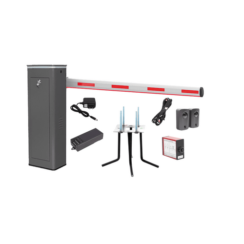 Kit COMPLETO Barrera Derecha XBS Con Corona LED / Brazo Iluminado de 5M / Incluye Sensor de Masa, Transformador, Lazo Magnético, Ancla, Fotoceldas y 2 Controles Inalámbricos