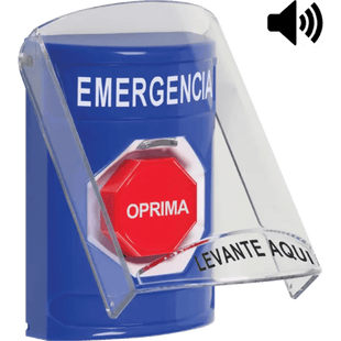 ?Botón Multipropósito, Color Azul, De Superficie, Con Tapa De Policarbonato, Con Bocina Pre Alarma, Solo Interior, Llave Para Restablecer, Texto De Emergencia, Español