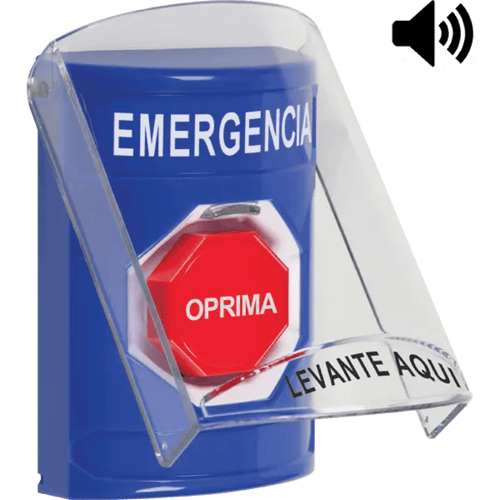 ?Botón Multipropósito, Color Azul, De Superficie, Con Tapa De Policarbonato, Con Bocina Pre Alarma, Solo Interior, Llave Para Restablecer, Texto De Emergencia, Español
