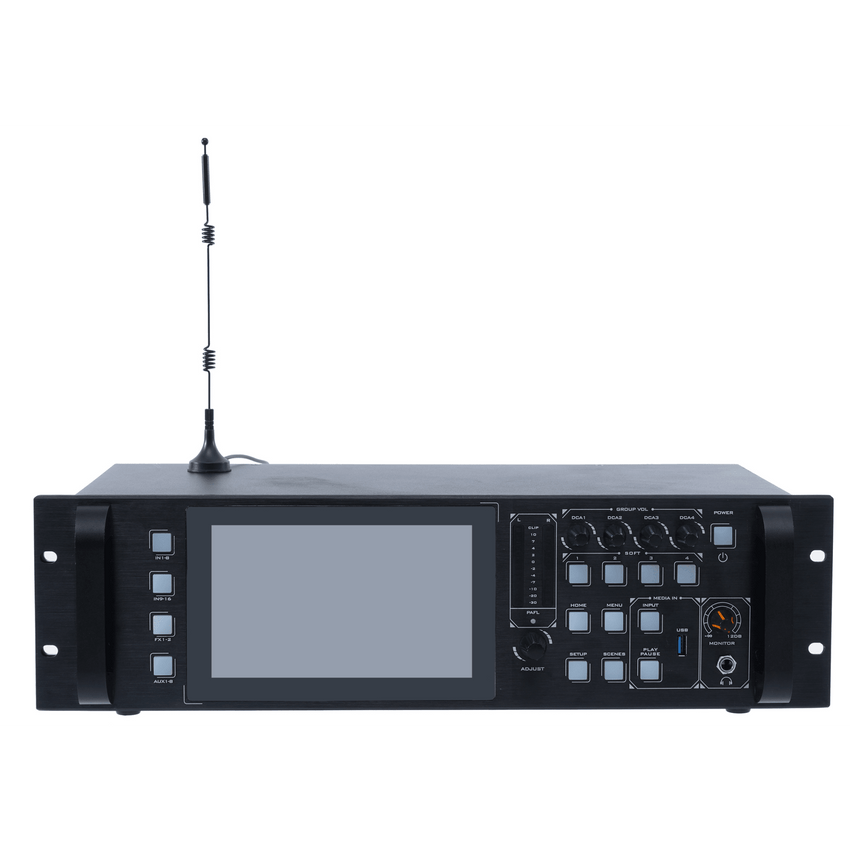 Consola de Mezcla Digital Rack 3U EP-20DM-12 | Pantalla TFT Táctil 7" 1024×600 | 12 Entradas XLR Micrófono + 2 Stereo Line | 8 Salidas AUX + Main L/R | Procesador DSP 32-bit | Bluetooth 4.2 + WiFi | USB Recording WAV/FLAC/MP3 | Ef