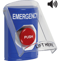 Botón Multipropósito, Color Azul, De Superficie, Con Tapa De Policarbonato, Con Bocina Pre Alarma, Para Interior, Momentaneo, Texto De Emergency, Ingles