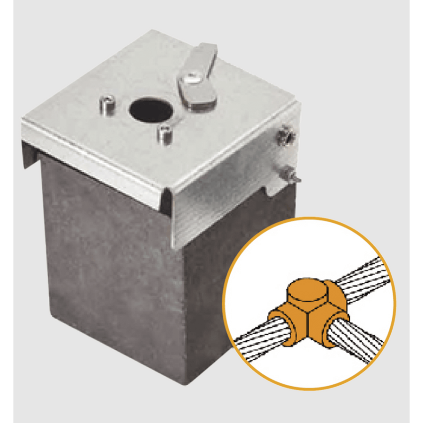 Molde de grafito horizontal unión en T horizontal de cable 1/0 AWG (pasante) con cable 1/0 AWG (terminal).