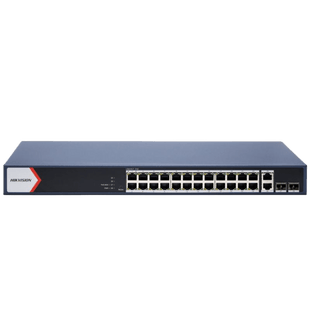Switch Gigabit PoE+ / Administrable / 24 Puertos 1000 Mbps PoE+ / 2 Puertos 1000 Mbps Uplink  / 2 Puertos SFP Uplink / Configuración Nube Hik-Partner Pro / Modo Extendido hasta 300 Metros / 230 W