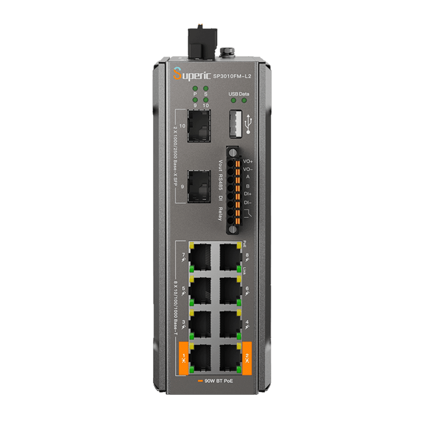 Switch de Red SP3010FM-L2 (V3) / 8 Puertos 10/100/1000Mbps PoE / 2 Puertos SFP 1000M/2.5Gbps / 240W PoE Budget / 26Gbps Capacidad de Conmutación / 19.3Mpps Tasa de Reenvío / DIN-Rail, Pared, Escritorio / -40?~75? / CE, FCC, RoHS, UKCA, R